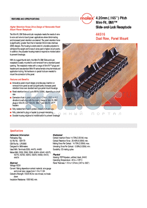 44516-0009 datasheet - Mini-Fit, BMI Slide-and-Lock Receptacle