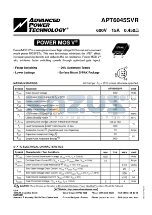 APT6045SVR datasheet - Power MOS V is a new generation of high voltage N-Channel enhancement mode power MOSFETs.