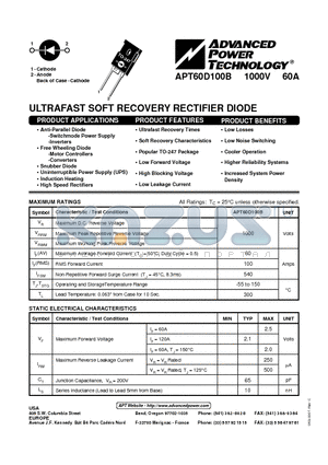 APT60D100B datasheet - ULTRAFAST SOFT RECOVERY RECTIFIER DIODE