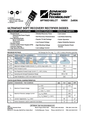 APT60D100LCT datasheet - ULTRAFAST SOFT RECOVERY RECTIFIER DIODES