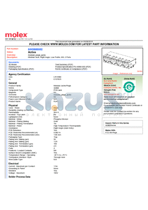 445600002 datasheet - Modular Jack, Right Angle, Low Profile, 8/8, 2 Ports