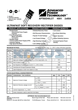 APT60D40LCT datasheet - ULTRAFAST SOFT RECOVERY RECTIFIER DIODES