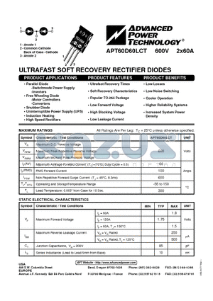APT60D60LCT datasheet - ULTRAFAST SOFT RECOVERY RECTIFIER DIODES