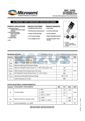 APT60D60LCTG datasheet - ULTRAFAST SOFT RECOVERY RECTIFIER DIODE