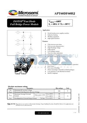 APT60DF60HJ datasheet - ISOTOP Fast Diode Full Bridge Power Module