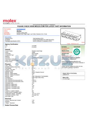 445600024 datasheet - Modular Jack, Right Angle, Low Profile, Shielded, 8/8, 4 Ports