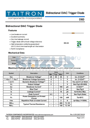 DB3 datasheet - Bidirectional DIAC Trigger Diode