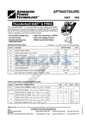 APT60GT60JRD datasheet - The Thunderbolt IGBT is a new generation of high voltage power IGBTs.
