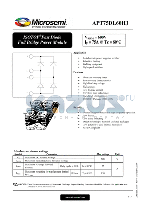 APT75DL60HJ datasheet - ISOTOP Fast Diode Full Bridge Power Module