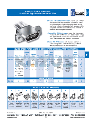 240-032115SP datasheet - Micro-D Filter Connectors Pre-Wired Pigtails with Insulated Wire