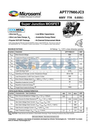 APT77N60JC3 datasheet - Super Junction MOSFET