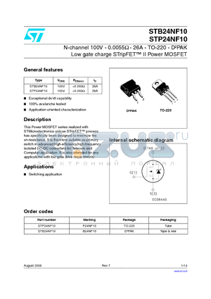 B24NF10 datasheet - N-channel 100V - 0.0055OHM - 26A - TO-220 - D2PAK Low gate charge STripFET TM II Power MOSFET