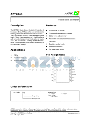 APT7843 datasheet - Touch Screen Controller