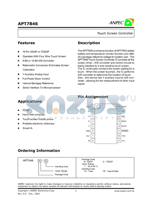 APT7846 datasheet - Touch Screen Controller