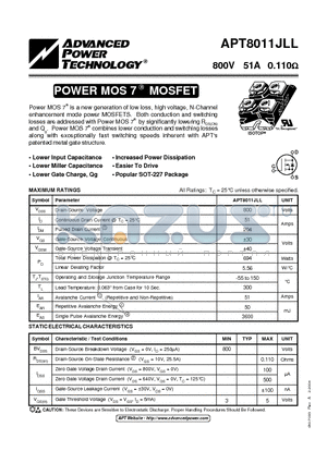 APT8011JLL datasheet - Power MOS 7TM is a new generation of low loss, high voltage, N-Channel enhancement mode power MOSFETS.