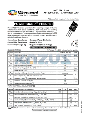 APT8014L2FLLG datasheet - Power MOS 7TM is a new generation of low loss, high voltage, N-Channel enhancement mode power MOSFETS.