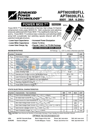 APT8020B2FLL datasheet - Power MOS 7TM is a new generation of low loss, high voltage, N-Channel enhancement mode power MOSFETS.