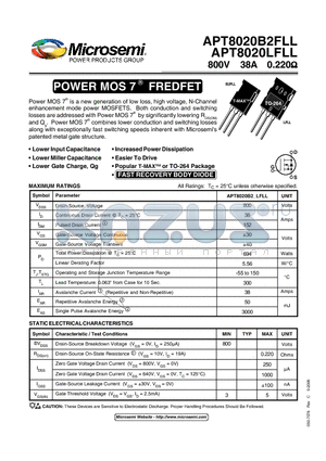 APT8020B2FLL datasheet - Power MOS 7TM is a new generation of low loss, high voltage, N-Channel enhancement mode power MOSFETS.