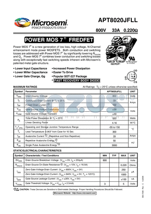 APT8020JFLL datasheet - Power MOS 7TM is a new generation of low loss, high voltage, N-Channel enhancement mode power MOSFETS.