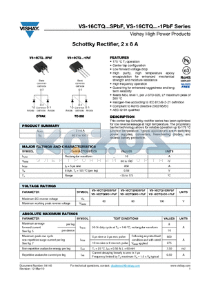 16CTQ060-1TRLPBF datasheet - Schottky Rectifier, 2 x 8 A