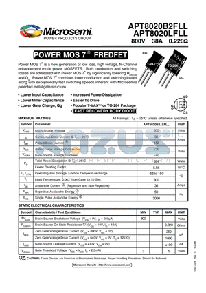 APT8020LFLL datasheet - Power MOS 7TM is a new generation of low loss, high voltage, N-Channel enhancement mode power MOSFETS.