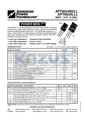 APT8024LLL datasheet - Power MOS 7TM is a new generation of low loss, high voltage, N-Channel enhancement mode power MOSFETS.