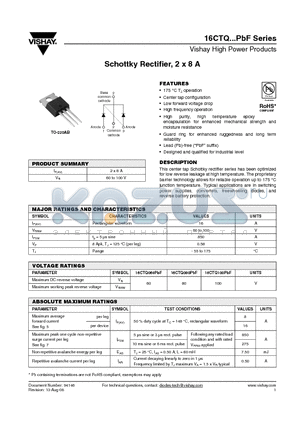 16CTQ060PBF datasheet - Schottky Rectifier, 2 x 8 A