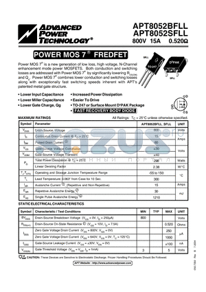 APT8052SFLL datasheet - Power MOS 7TM is a new generation of low loss, high voltage, N-Channel enhancement mode power MOSFETS.
