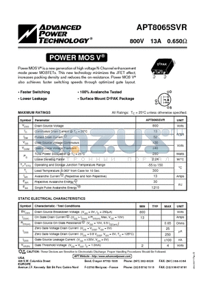 APT8065SVR datasheet - Power MOS V is a new generation of high voltage N-Channel enhancement mode power MOSFETs.