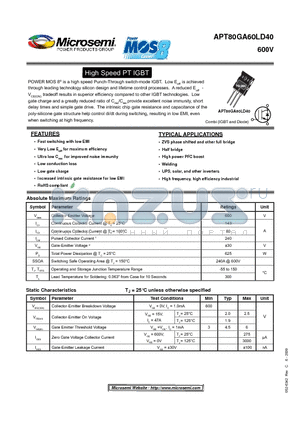 APT80GA60LD40 datasheet - High Speed PT IGBT