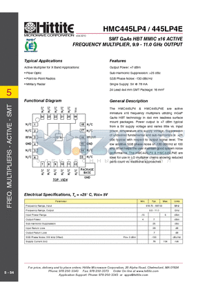 445LP4E datasheet - SMT GaAs HBT MMIC x16 ACTIVE FREQUENCY MULTIPLIER, 9.9 - 11.0 GHz OUTPUT