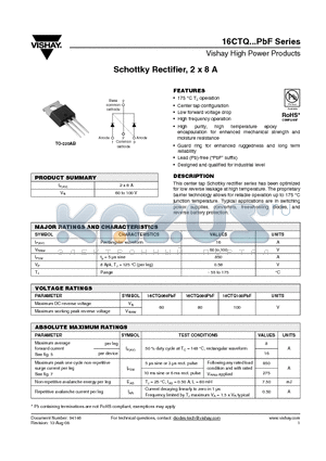 16CTQ080PBF datasheet - Schottky Rectifier, 2 x 8 A