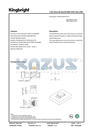 APTB1612ESGC-F01 datasheet - 1.6X1.25mm BI-COLOR SMD CHIP LED LAMP