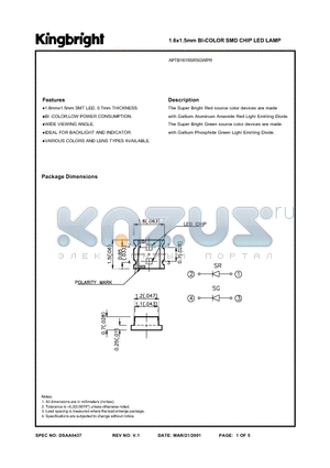 APTB1615SRSGWPR datasheet - 1.6 x 1.5mm BI-COLOR SMD CHIP LED LAMP