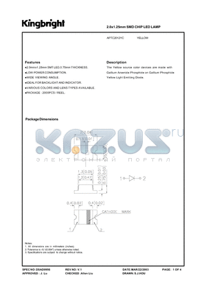 APTC2012YC datasheet - 2.0 x1.25mm SMD CHIP LED LAMP