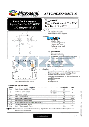 APTC60DSKM45CT1G datasheet - Dual buck chopper Super Junction MOSFET SiC chopper diode