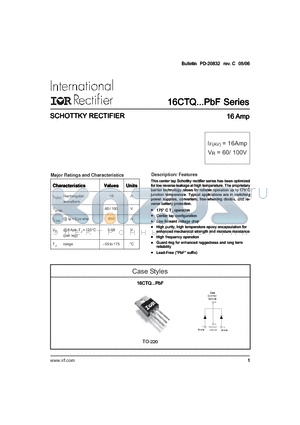 16CTQ100PBF datasheet - SCHOTTKY RECTIFIER 16 Amp