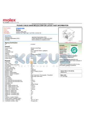 44620-1008 datasheet - Modular Jack, Right Angle, Low Profile, Inverted, 8/8