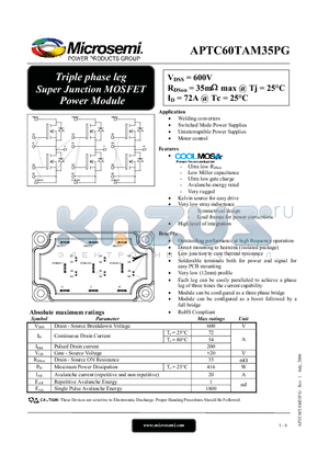 APTC60TAM35PG datasheet - Triple phase leg Super Junction MOSFET Power Module