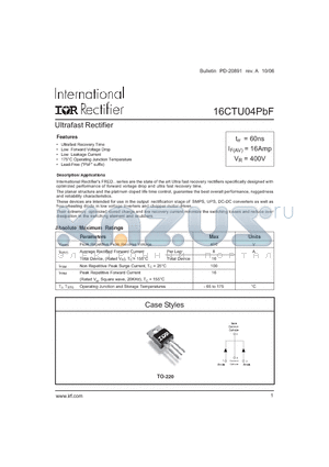 16CTU04 datasheet - Ultrafast Rectifier