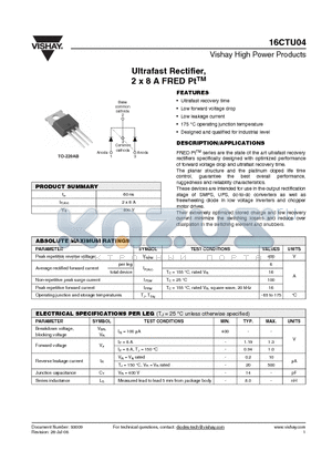 16CTU04 datasheet - Ultrafast Rectifier, 2 x 8 A FRED PtTM