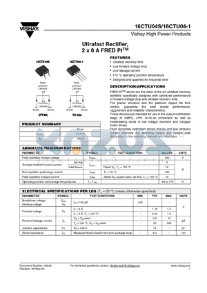 16CTU04-1 datasheet - Ultrafast Rectifier, 2 x 8 A FRED PtTM