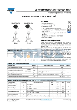 16CTU04-1PBF datasheet - Ultrafast Rectifier, 2 x 8 A FRED Pt