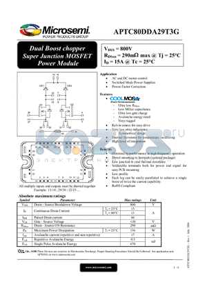 APTC80DDA29T3G datasheet - Dual Boost chopper Super Junction MOSFET Power Module