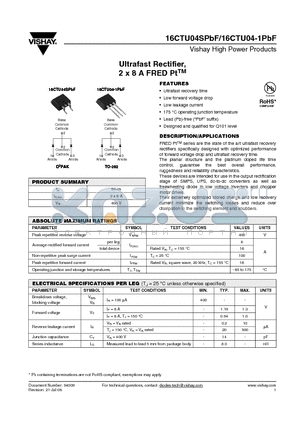 16CTU04-1PBF datasheet - Ultrafast Rectifier, 2 x 8 A FRED PtTM