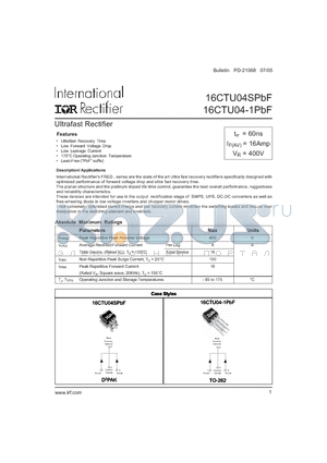 16CTU04-1TRR datasheet - Ultrafast Rectifier