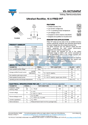 16CTU04PBF datasheet - Ultrafast Rectifier, 16 A FRED Pt