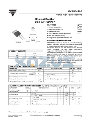 16CTU04PBF_08 datasheet - Ultrafast Rectifier, 2 x 8 A FRED PtTM