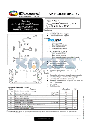 APTC90AM60SCTG datasheet - Phase leg Series & SiC parallel diodes Super Junction MOSFET Power Module