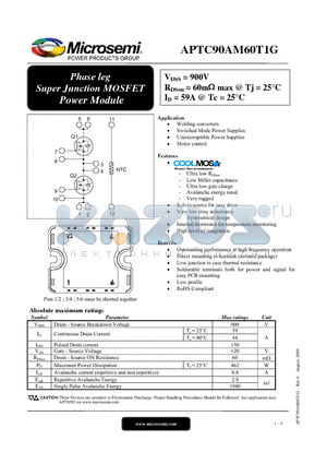 APTC90AM60T1G datasheet - Phase leg Super Junction MOSFET Power Module